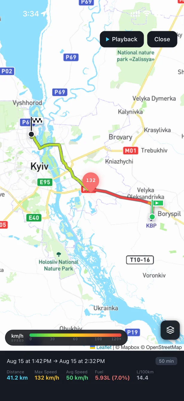 Екран застосунку CarStream: відтворення маршруту Київ — Бориспіль